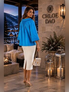 Chloe Dao Blue Blouse Sculptural Neckline Snap Front 3/4 Sleeve Coastal Size XL
